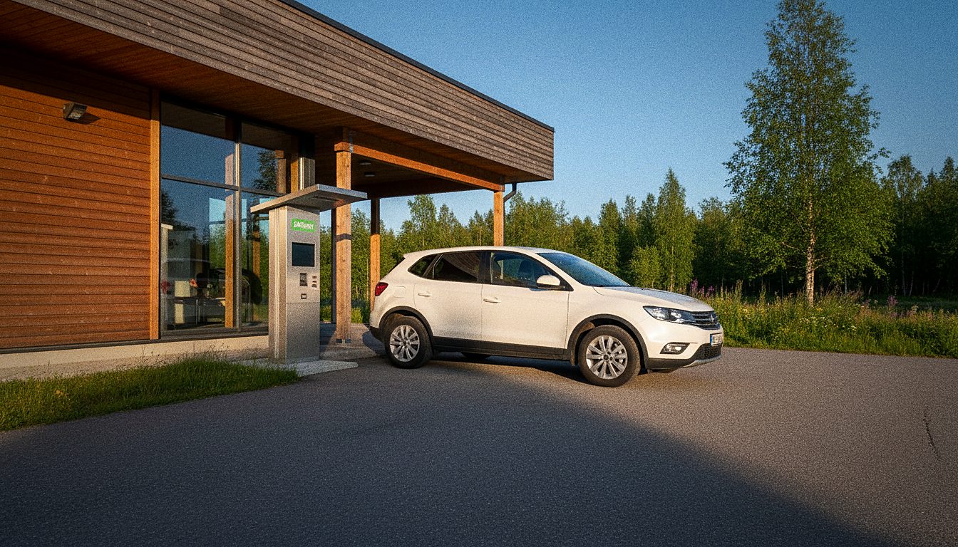 Voiture de location 24Rent devant un point de retrait en libre-service à Rovaniemi, en Finlande.