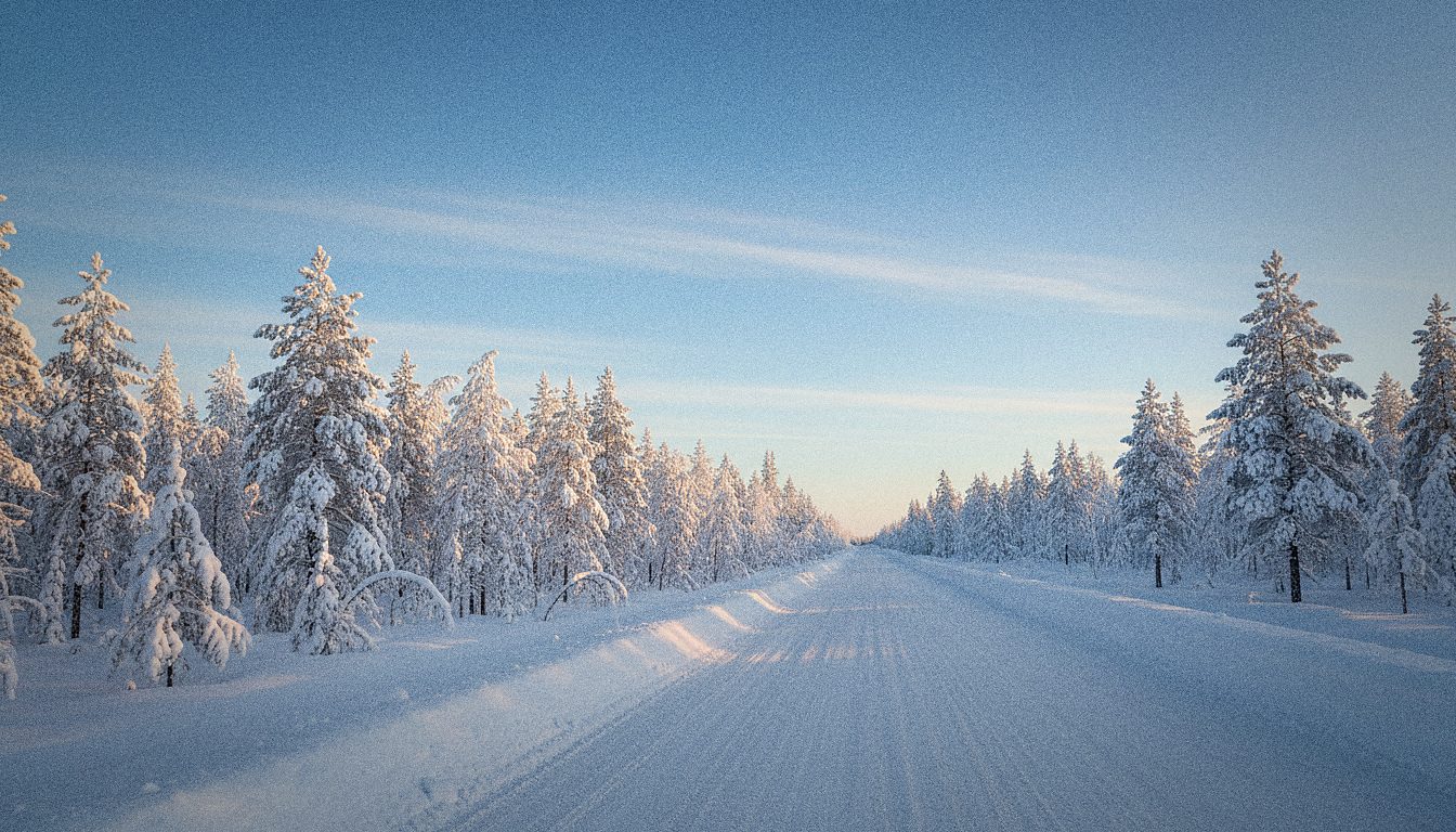 Route enneigée bordée de sapins givrés près de Rovaniemi en Laponie
