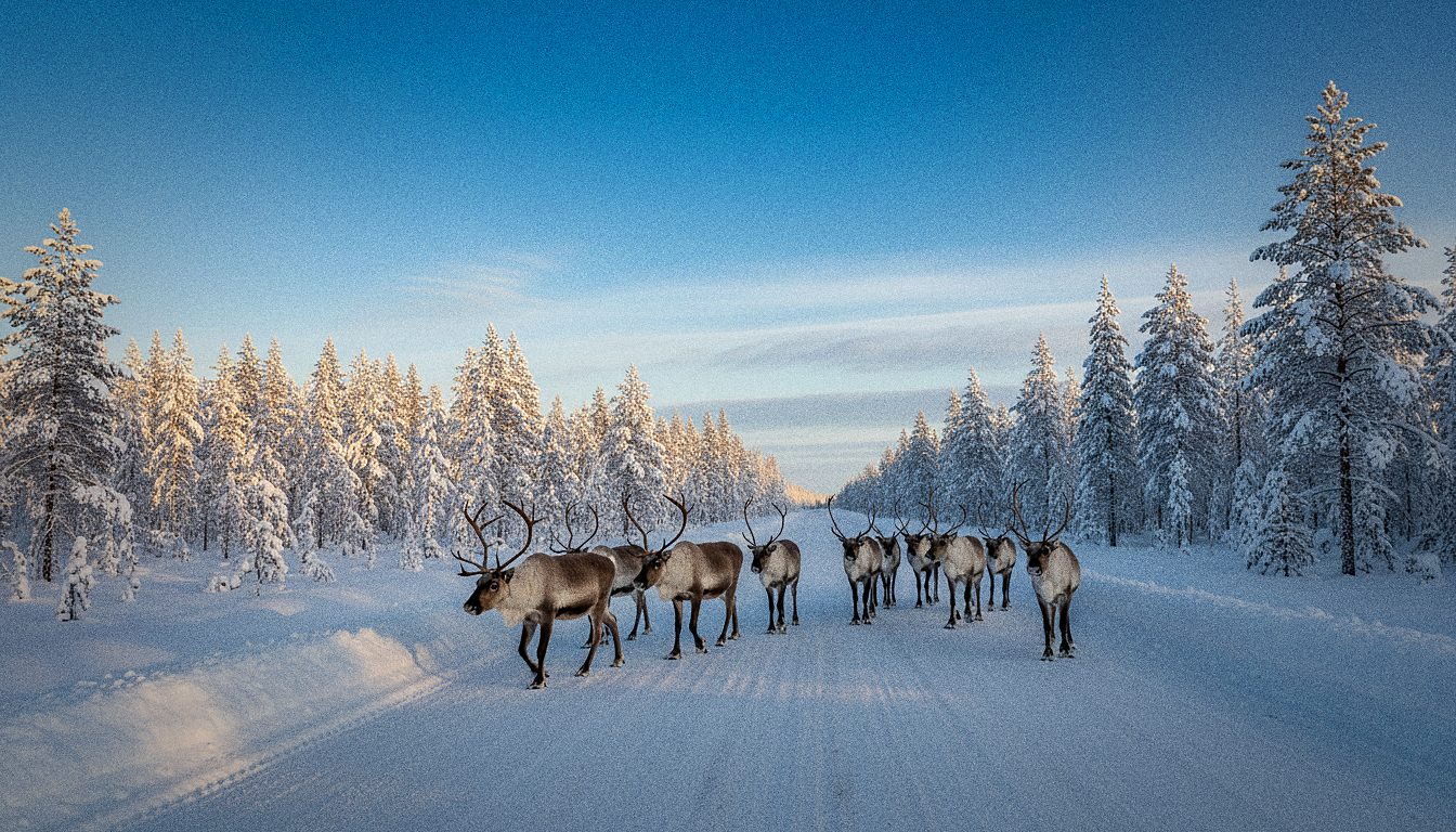 Rennes traversant une route enneigée près de Rovaniemi au crépuscule