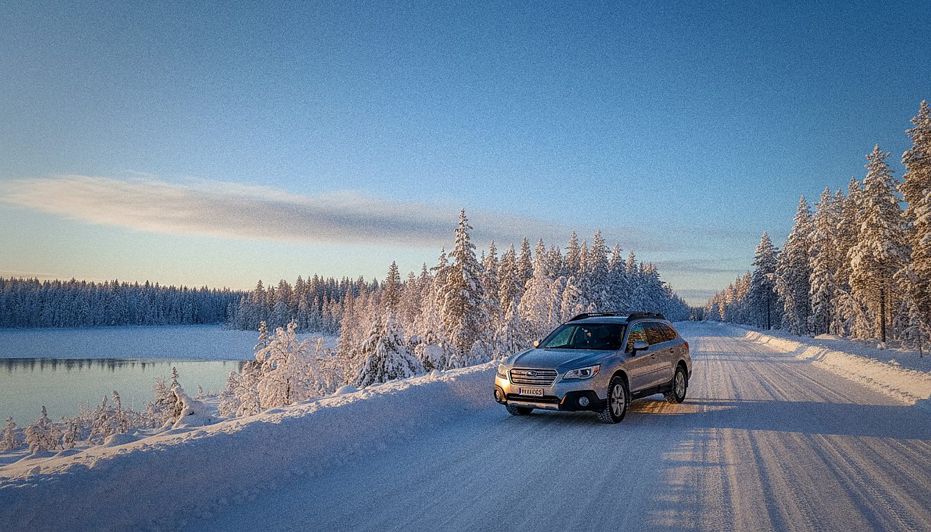 Voiture de location garée sur une route enneigée près de Rovaniemi, en Laponie finlandaise
