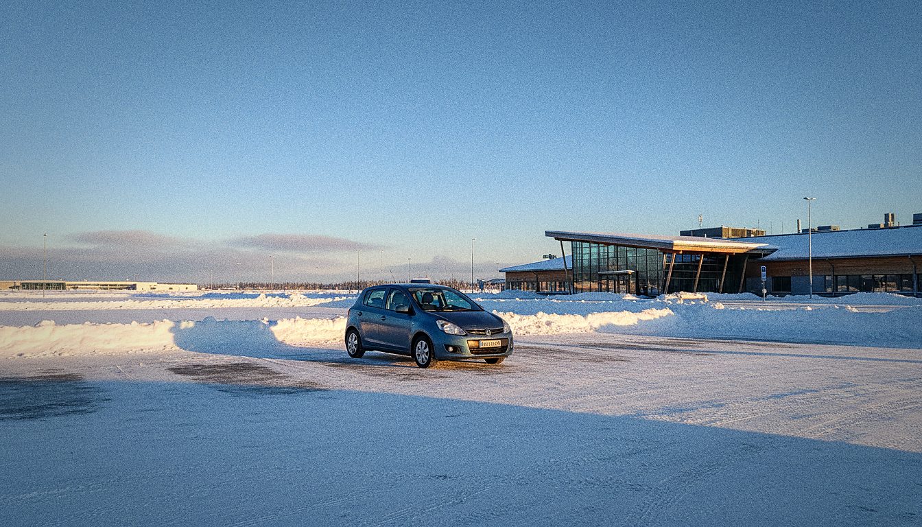 Petite citadine économique garée sur un parking enneigé près de l'aéroport de Rovaniemi