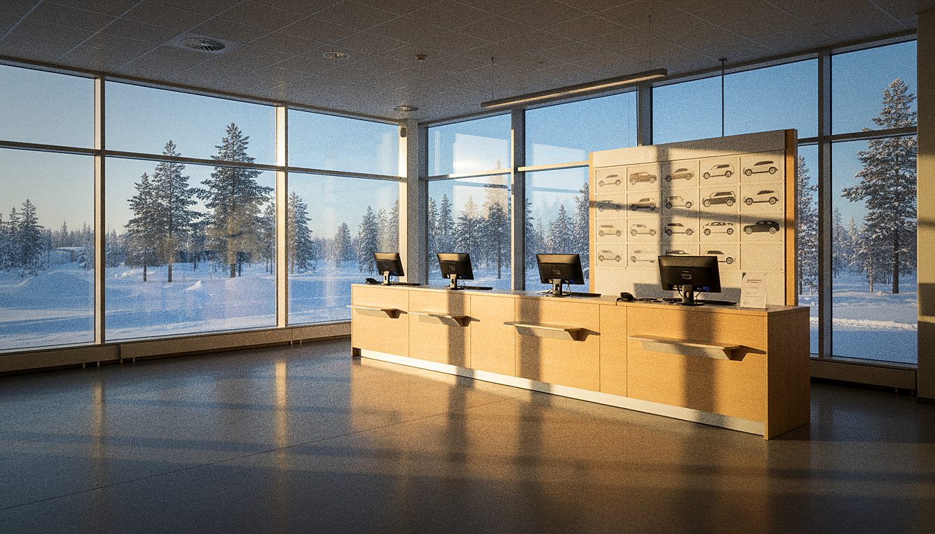 Comptoir de location de voiture dans le petit aéroport de Rovaniemi en hiver