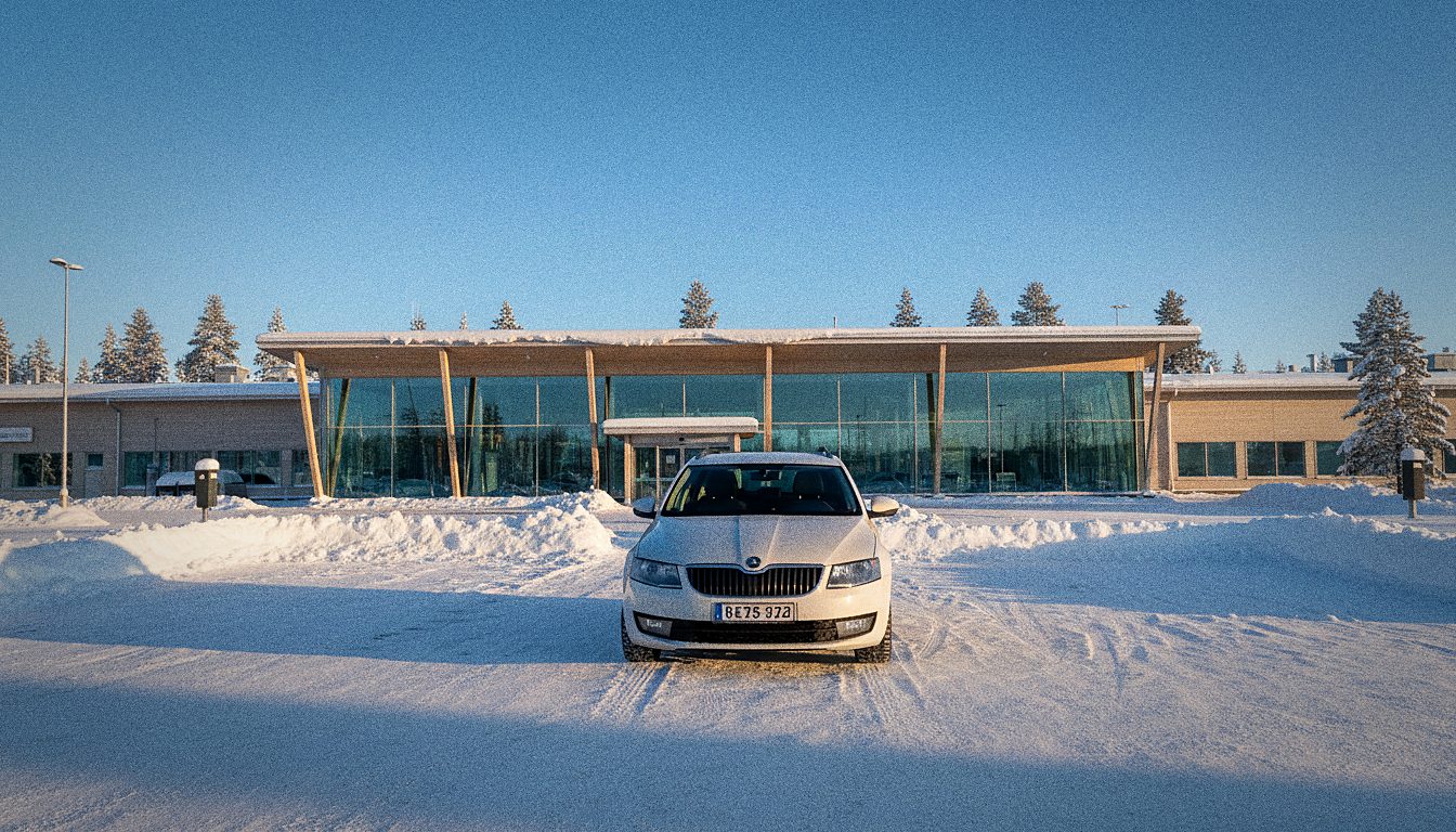 Voiture de location garée devant le terminal de l'aéroport de Rovaniemi sous la neige