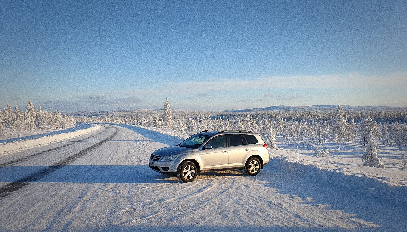 Voiture de location garée devant un paysage enneigé près de Rovaniemi en Laponie