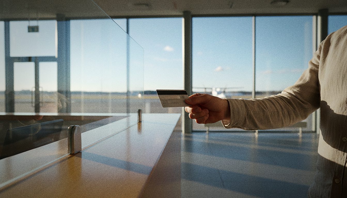 Voyageur présentant une carte bancaire au comptoir d'un loueur de voitures à l'aéroport de Rovaniemi