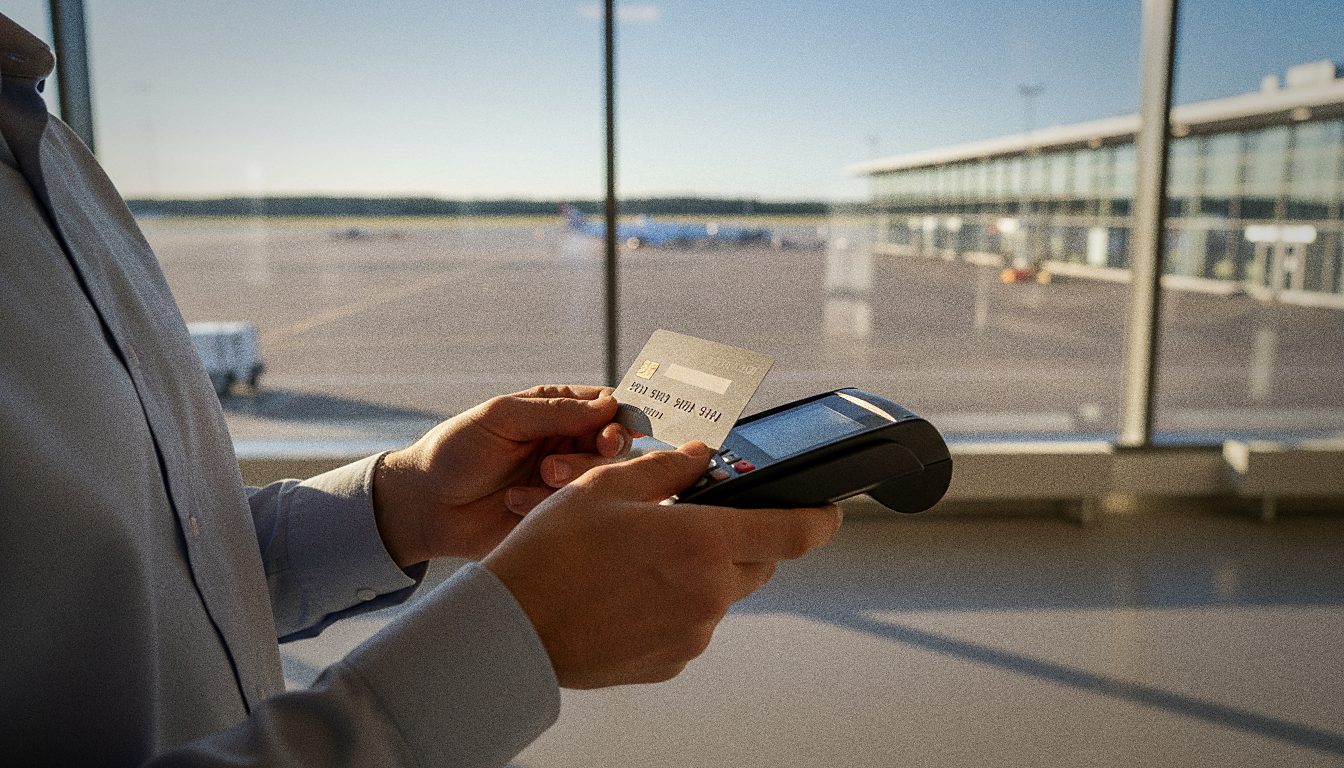 Employé d'une agence de location vérifiant une carte bancaire à l'aéroport de Rovaniemi