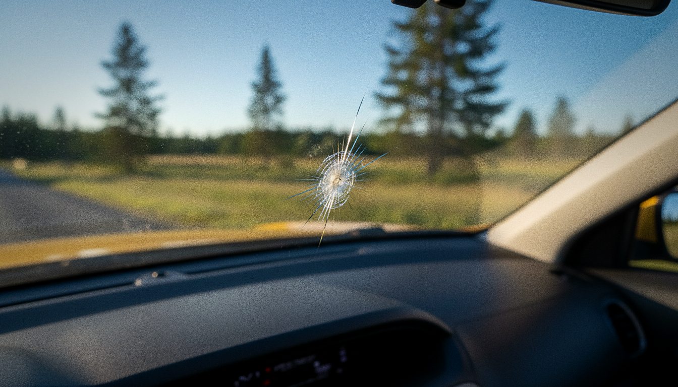 Petit impact sur un pare-brise de voiture de location, gros plan