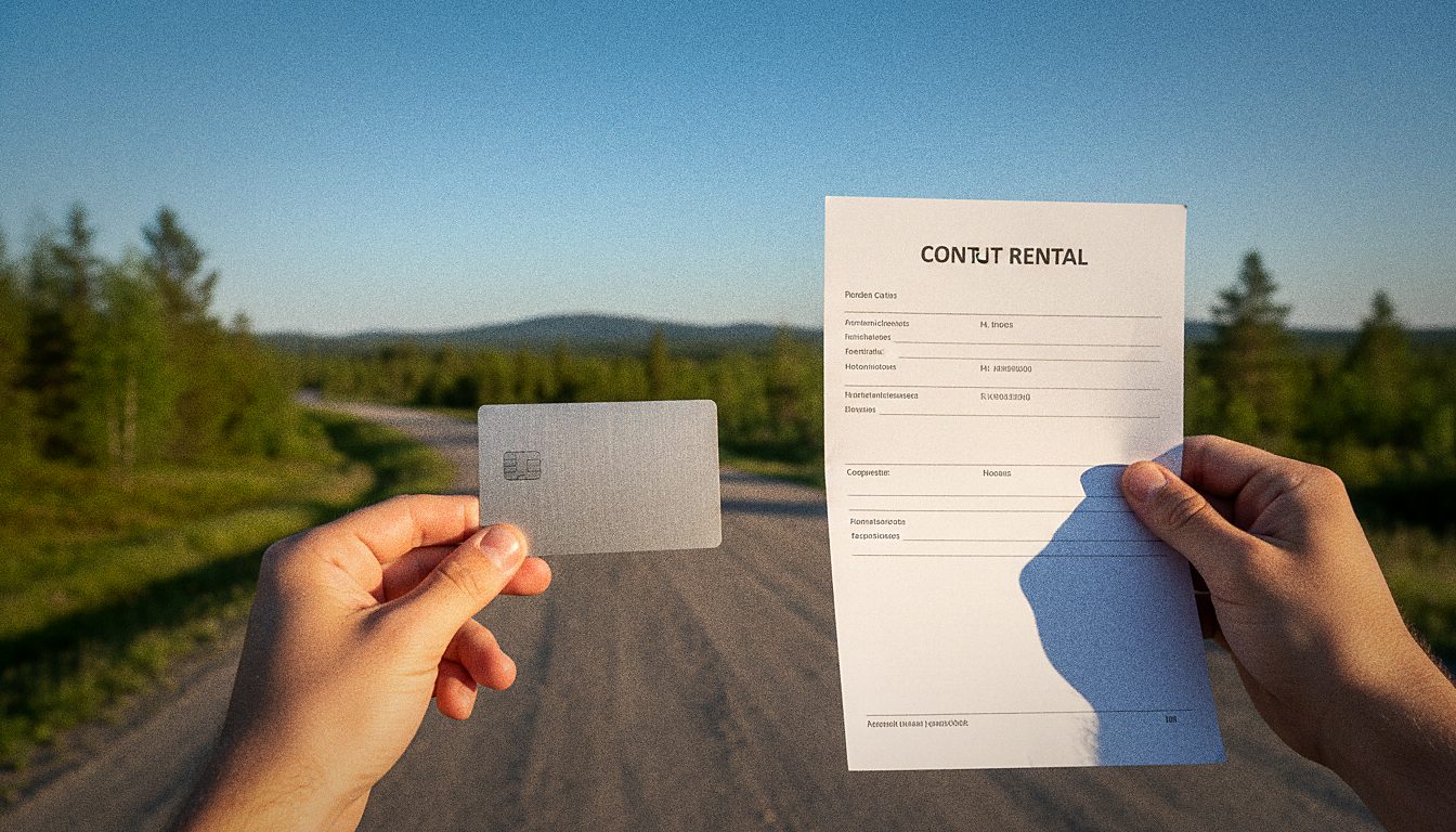 Main tenant une carte bancaire et un contrat de location de voiture côte à côte