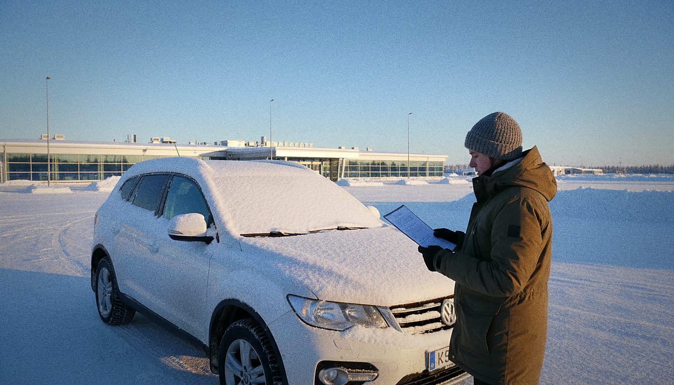 Conducteur consultant son contrat de location devant une voiture garée sous la neige à l'aéroport de Rovaniemi