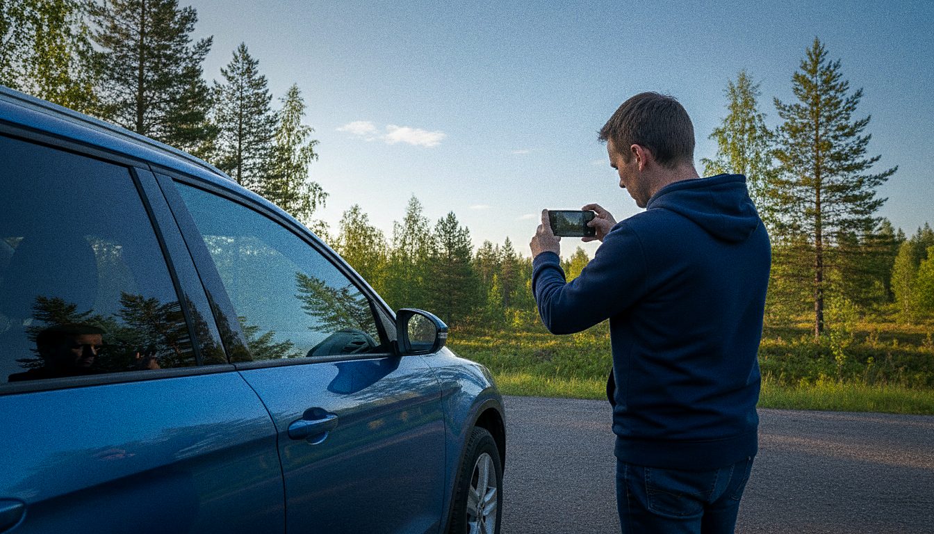 Voyageur photographiant la carrosserie d'une voiture de location avec son téléphone avant le départ